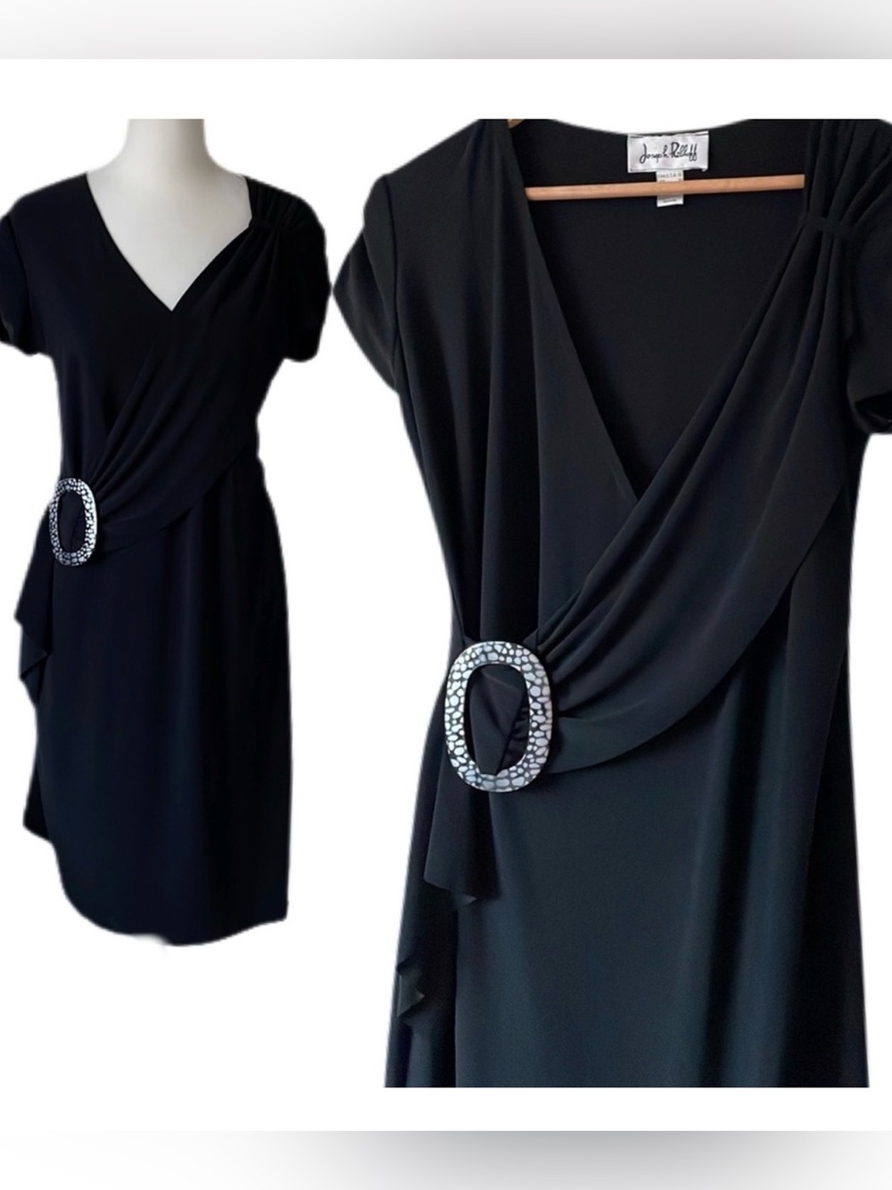 Joseph Ribkoff Black Draped V-Neck Midi Dress with Decorative Buckle